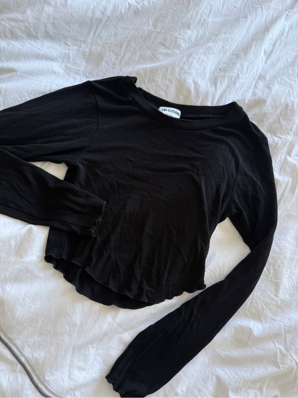 LNA Black Ribbed Long-Sleeve Top with Scallops